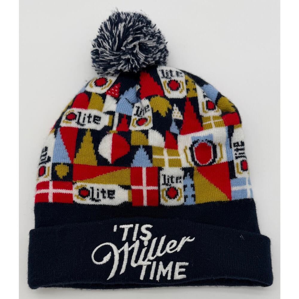 Miller Lite Tis Miller Time Holiday Beanie Knit Hat Pom Pom Beer Blue Red White